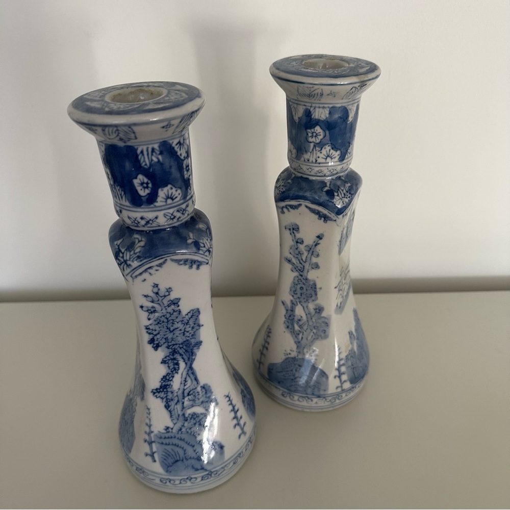 Two Vintage Williams Sonoma Chinoiserie Hand Painted Candle Holders Blue, White - Picture 3 of 9